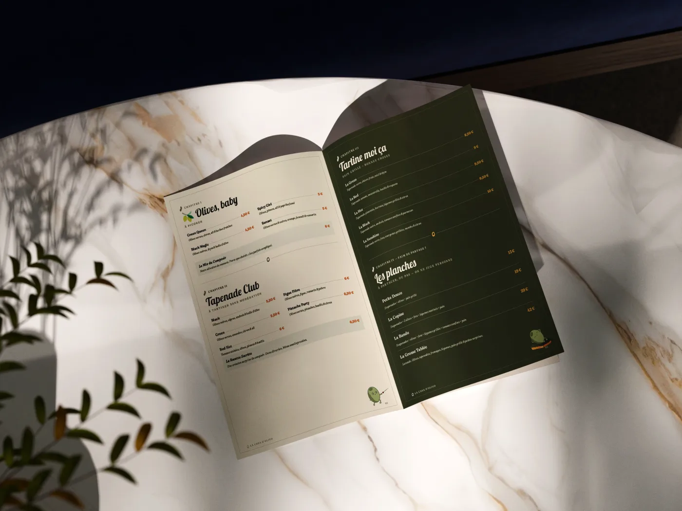 Menu ouvert de La Casa d'Olivo