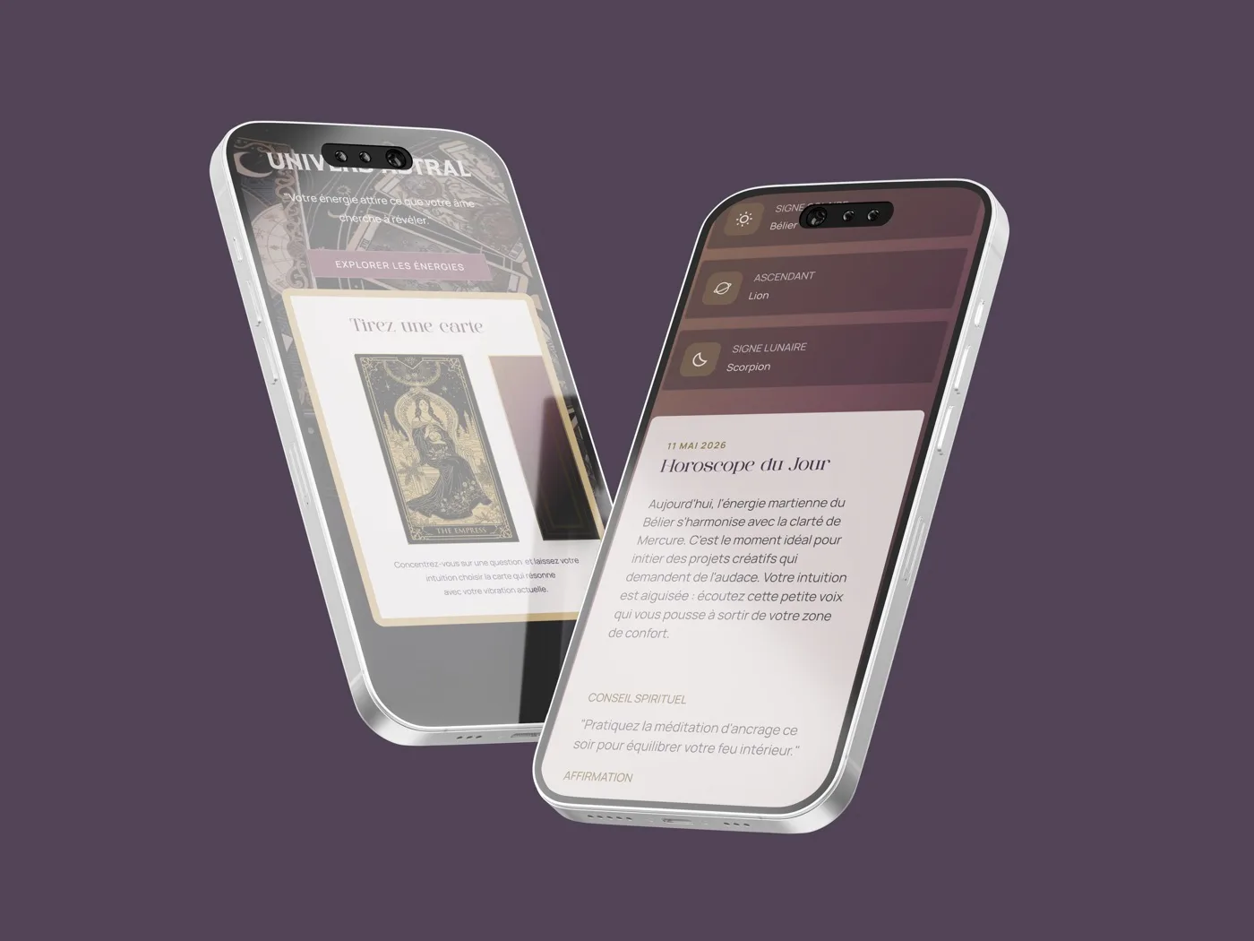 Interface mobile de l'application Univers Astral